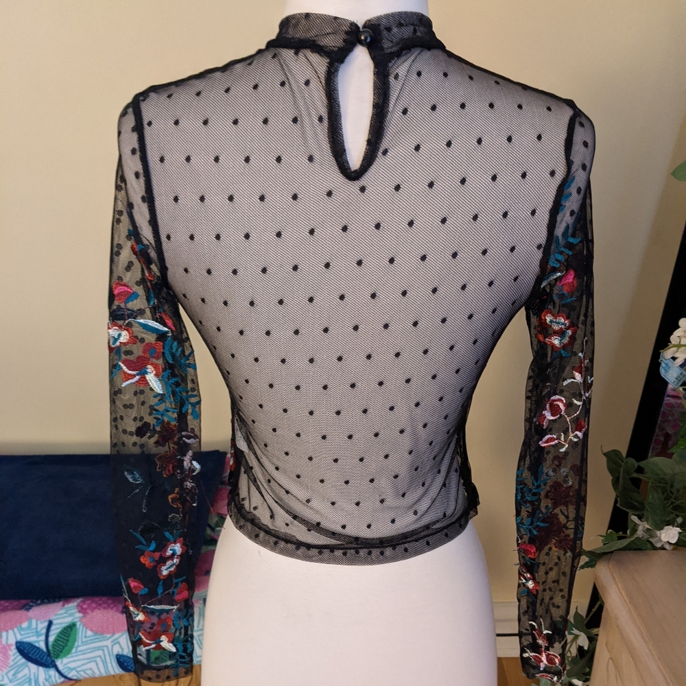 Embroidered Multi-color Flower Mesh Top
